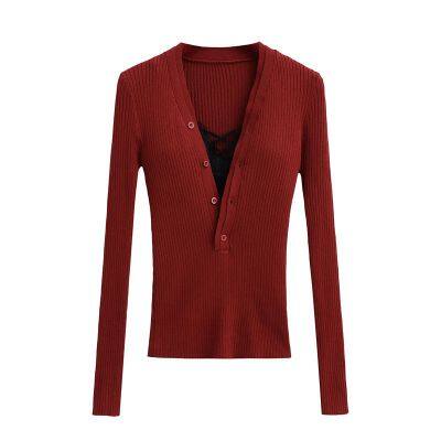 Pure Desire Style Sexy V-neck Slim Knitted Shirt Spring New Style Spicy Girl Style Lace Inner Long Sleeve Bottom Top photo-2
