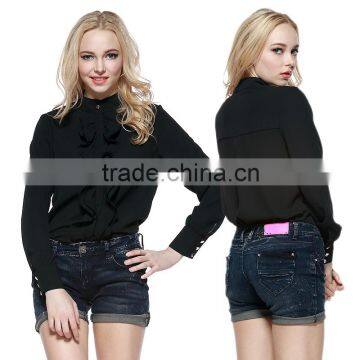 Ladies Plus Size Stand Collar Ruffed Detail Chiffon Top Flouncing Bust OEM ODM Type Clothing Factory Manufacturer From Guangzhou