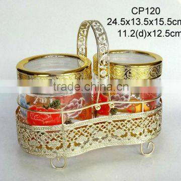 CP120 2pcs round glass jar with printing with golden rack