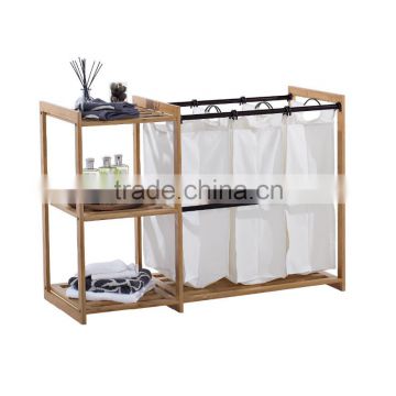 3-Bag Bamboo hot sale laundry cart laundry hamper with bathroom shelf bathroom storage rack