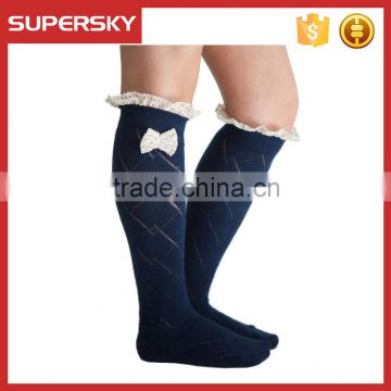 C04-2 Girl navy diamond open knit lace buttons boot socks with lacy bow fashion accessories custom made boot socks