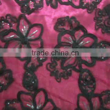 3MM Sequins Black Cord 6 Petals Pattern Mixed Embroidery Lace Fabric For Wedding Dress Mesh Free Sample for Designer