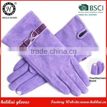 Winter Ladies Pigskin Suede Gloves Purple Women Suede TouchscreenBowknot Fleece Lined Factory Smartphone Leather Gloves