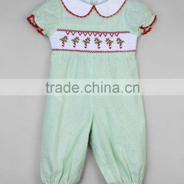 2016 New Green Cotton Candy Cane Smocked Seersucker Infant Playsuit Turndown Kid Romper Children Overall G-NPRR90628-28