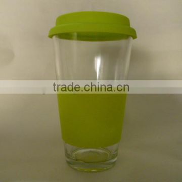 glass cup with silicon lid and sleeve