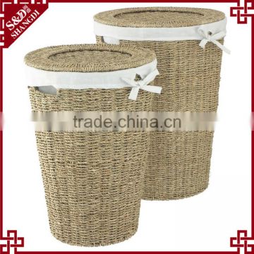 Hotel used set of 2 round eco-friendly seagrass laundry basket with cloth liner