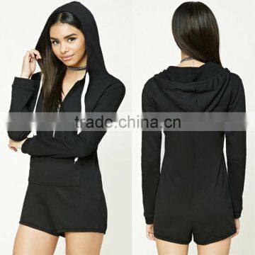 Womens Solid Color Black Sexy Short Romper Custom Made French Terry Hoodie Zipper Long Sleeve Workout Fitness Jumpsuits XXXL