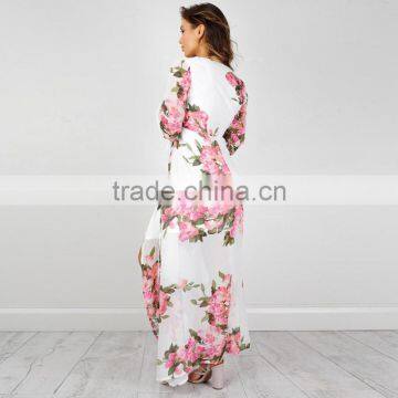 Blouson Long Sleeve Pink White Floral Printed Plus Size Wrap Maxi Long Dress photo-4