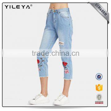 2017 Fashion Slim Fit Straight Leg High Waisted Embroidered Denim Pants Casual Women's Jeans photo-3