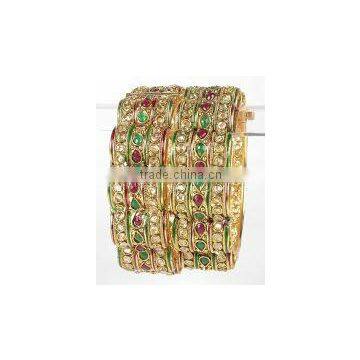 Red And Green Stone Polki And Kundan Bangles