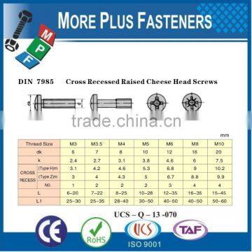 Made in Taiwan Mild Steel Pan Head Phillips Recessed Machine Screws Bright Zinc Plated DIN 7985
