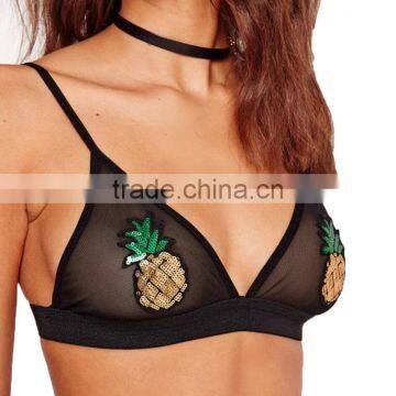 B33481A Hot girls fruit embroidery transparent mesh bra