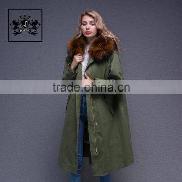 Hot fashionable women long sleeve winter real raccoon fur collar real rabbit fur lined parka with embroidery