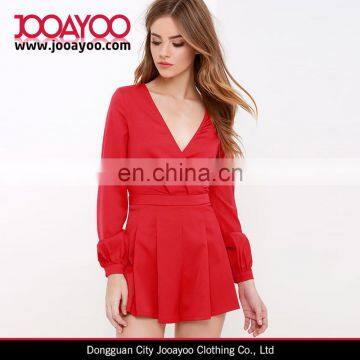 Jumpsuit for Women 2016 V-neck Red Long Sleeve Romper With Pleat Details