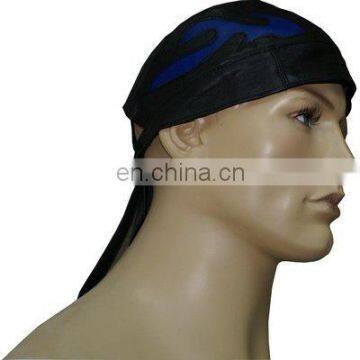 HMB-901C LEATHER SKULL CAP DURAG BLUE FLAME STYLE BIKER SKULLCAP HATS