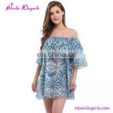 Women Sexy Off Shoulder Printed Blue Short Sleeve Falbala Beach Dress