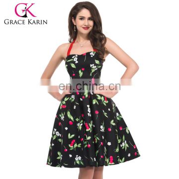 Grace Karin Ladies Halter Plus Size Sleeveless Cherry Printed Vintage Pin Up Vintage Retro Dress CL4595-1#