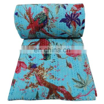 Blue Floral Indian Handmade Kantha Bedspread Quilt Throw Coverlet Decorative Gudari Art Textile Queen Size Blanket Decor