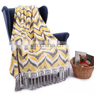 High quality national style three color stripe printing custom flannel throw blanket with pearls tassels