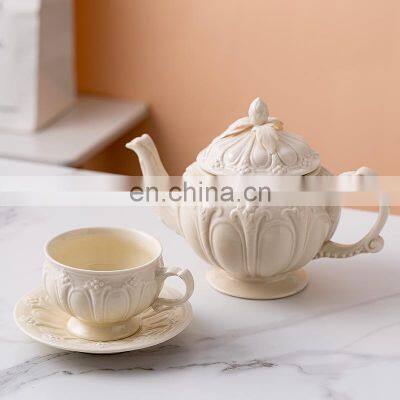 English Luxury Embossed European Style Ceramic Porcelain Tea and Coffee Cup Pot Gift Set photo-2