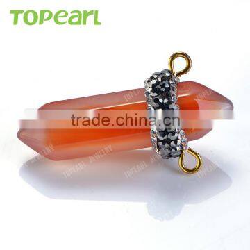 Topearl Jewelry Fashionable Hexagonal Prism Red Agate Pendant Rhinestones Clay Pave Natural Stone Pendant SPW06