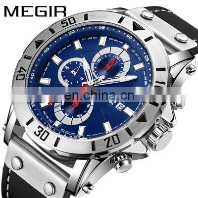 MEGIR 2081 Men's Quartz Sport Watch Leather Strap With Date Display Fitness Chronograph Watch