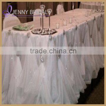 TC106B white table skirting designs with decorative buckles gathered table skirt                        
                                                Quality Choice