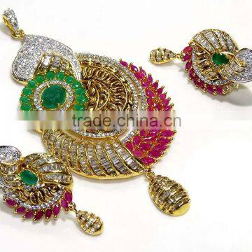 Gold Finish Ethnic, Emerald,Ruby Pendant & Earring Jewelry design with Meenakari (Enamal) . 22 K Gold Plated Jewellery