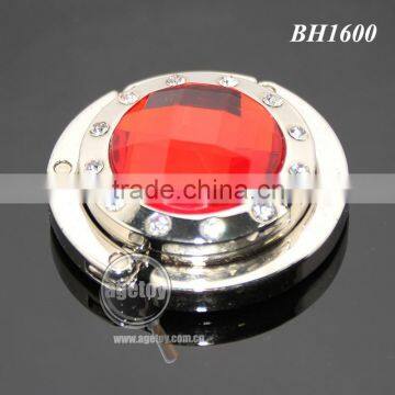 Round Red Crystal White Rhinestones Multi-function Fashion Handbag Hook Hanger Promotion Metal Foldable Mirror Bag Holder photo-3