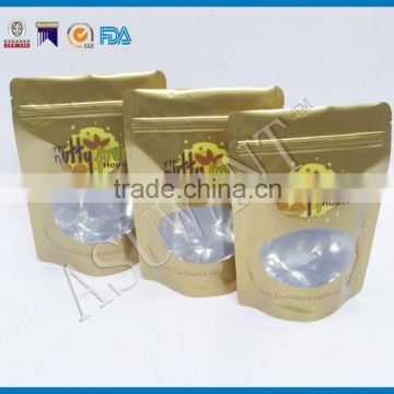 laminated aluminium foil lined stand up pouch with zipper top and clear oval window for chestnuts packaging