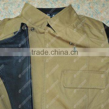 Khaki Denim Jacket With Leather Sleeves and Inside 100% Original DuPont Kevlar for Bike Ridding