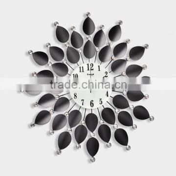 Hot seling black leaves wall clock whit diamonds big size