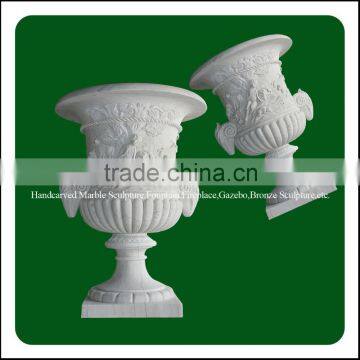 Outdoor Hand-carved Garden Decorative White Stone Flower Pot