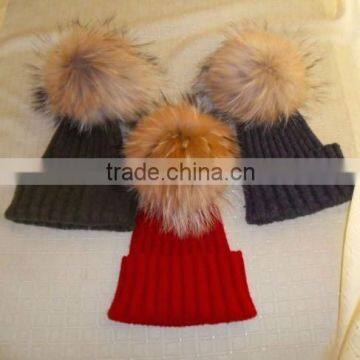 2016/2017 High Quality Winter Knitted Colorful Wool Beanie Hats With Raccoon Fur Pom Poms photo-3