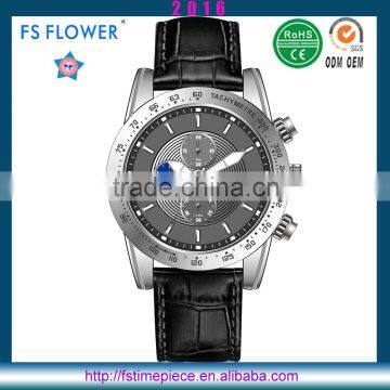 FS FLOWER - Cheap Chronograph Watch With Chinese PE Movt Genuine Leather Strap Men Watch