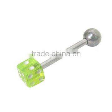 Straight Barbell Set Tongue Ring Surgical Steel with Green UV Acrylic Dice Body Jewelry Piercing