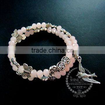 vintage antiqued silver rose leaf bird ice pink glass beads 2 layers women fashion wiring bangle bracelet jewelry 6490049