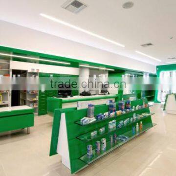 Top quality MDF made painted green and white pharmacy display cabinet