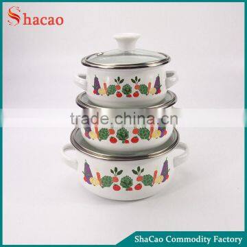 Double Handle Vegetable 3Pcs Enamel Cookware Set With Decoration