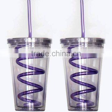 Single Wall Insulated Plastic Drink Cup Glass w Curly Crazy Straw Travel Tumbler photo-2