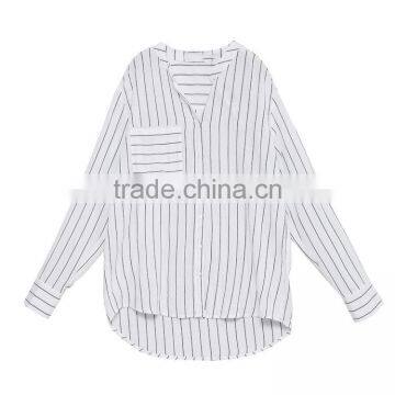 Custom Ladies Casual Cotton Shirts Blue White Stripe Women Shirts photo-3