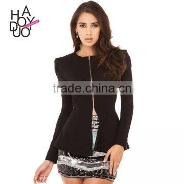 HAODUOYI Women Black Puff Sleeve Casual Style Jackets Gold Zipper Blazer