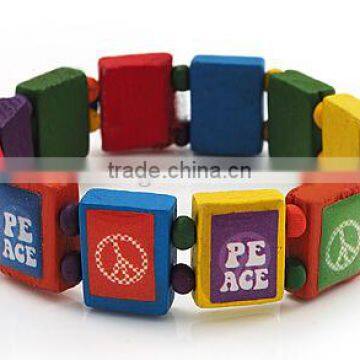 elastic multicolored peace sign wooden bead bracelet