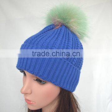 Myfur Wholesale Adults Size Wool Cable Knitting Beanie Hat with Colorful Raccoon Fur Pom Pom