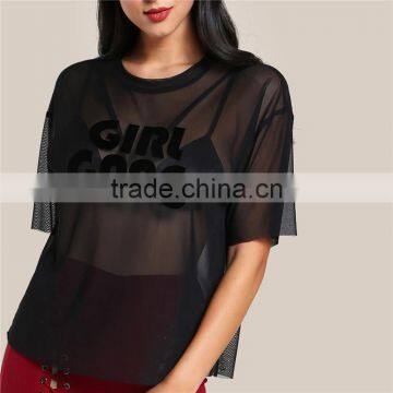 2017 Customized Factory Round Neck Tunic Flock Print Mesh Top photo-3