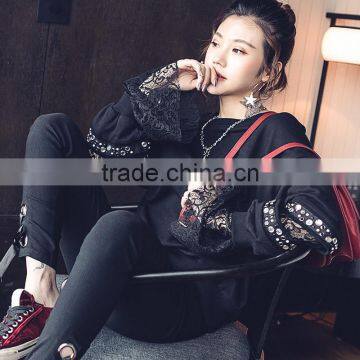 B22679A Korea women lace stitching nail bead blouse hoodies