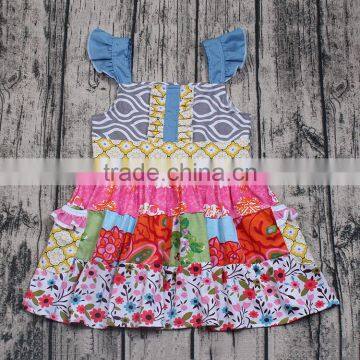 2017 flutter sleeve patchwork summer dresses baby girls dress designs