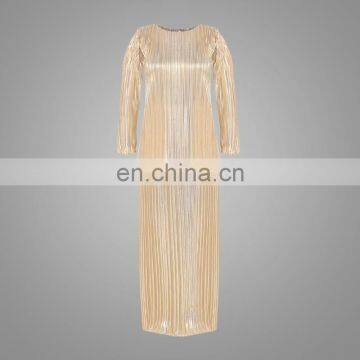 Designer Light Gold Baju Kurung Fashion Pleats Material Women Suits Malaysia Style Dress photo-6