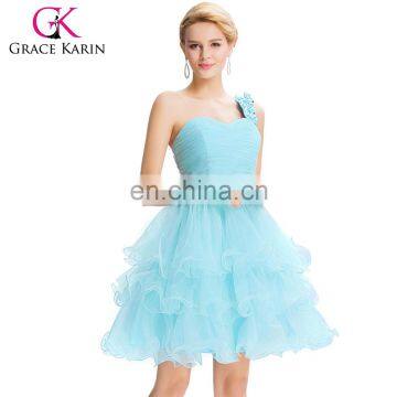 Grace Karin New Arrival Sexy Sweetheart One Shoulder Design Light Blue Organza Crystal Short Cocktail Dresses CL4589-1