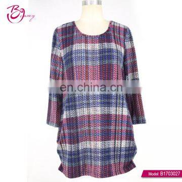 Round Neck Checked Womens Long Sleeve Casual Polyester Top